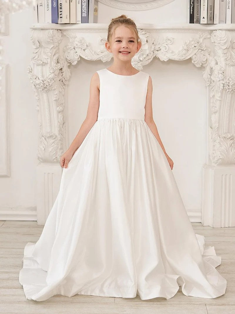 TinyTulle Elegant Ivory Satin A-Line Gown with Deep V-Back &amp; Oversized Bow