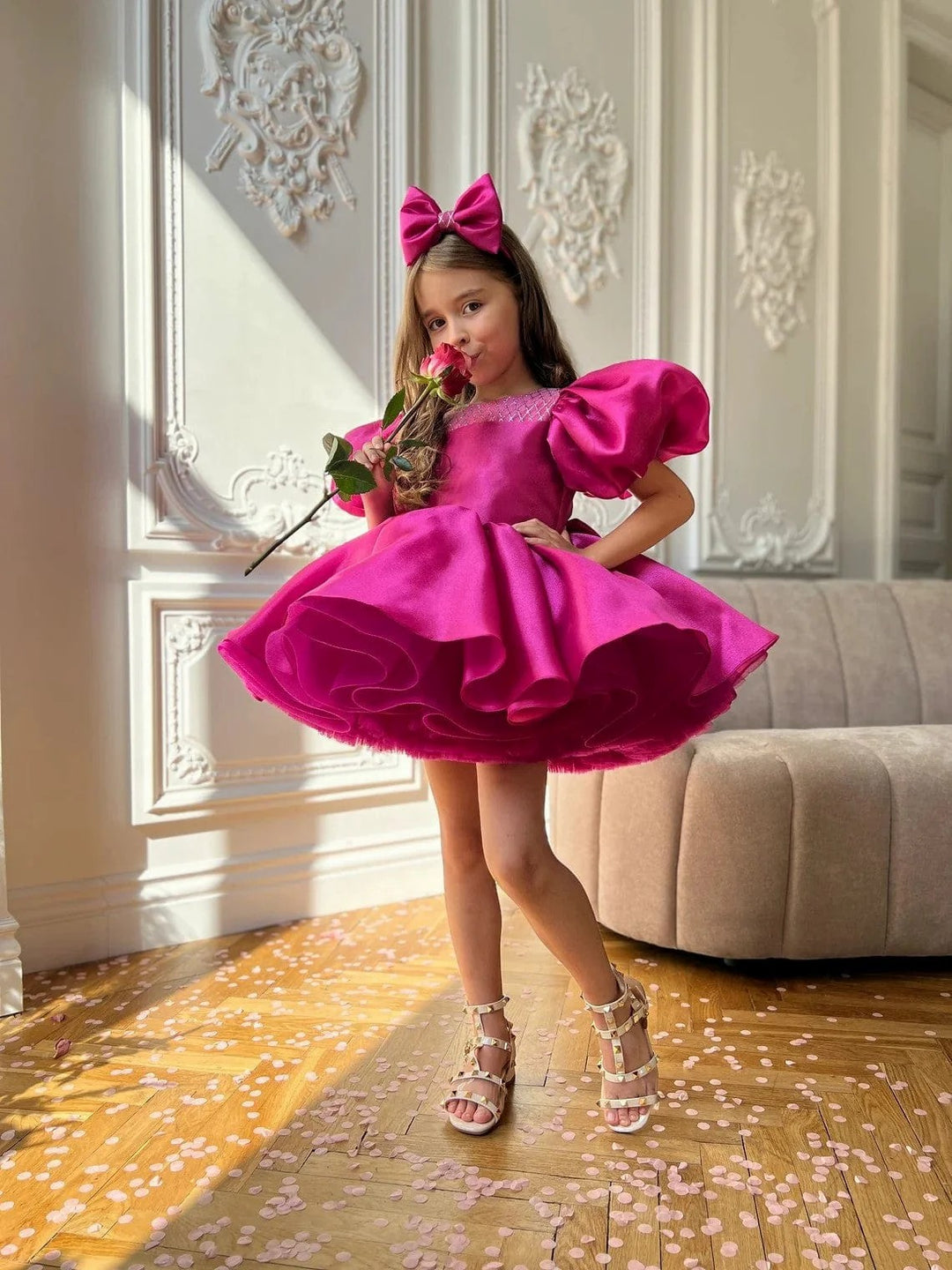 TinyTulle Hot Pink Satin Puff Sleeve Flower Girl Dress with Layered Ruffle Skirt