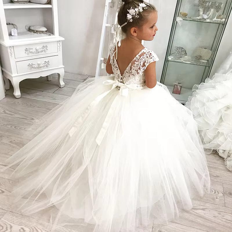 TinyTulle White Cap Sleeve Tulle Ball Gown Flower Girl Dress for Wedding