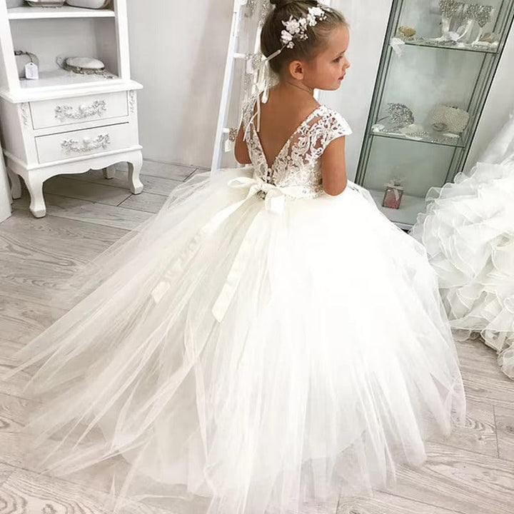 TinyTulle White Cap Sleeve Tulle Ball Gown Flower Girl Dress for Wedding