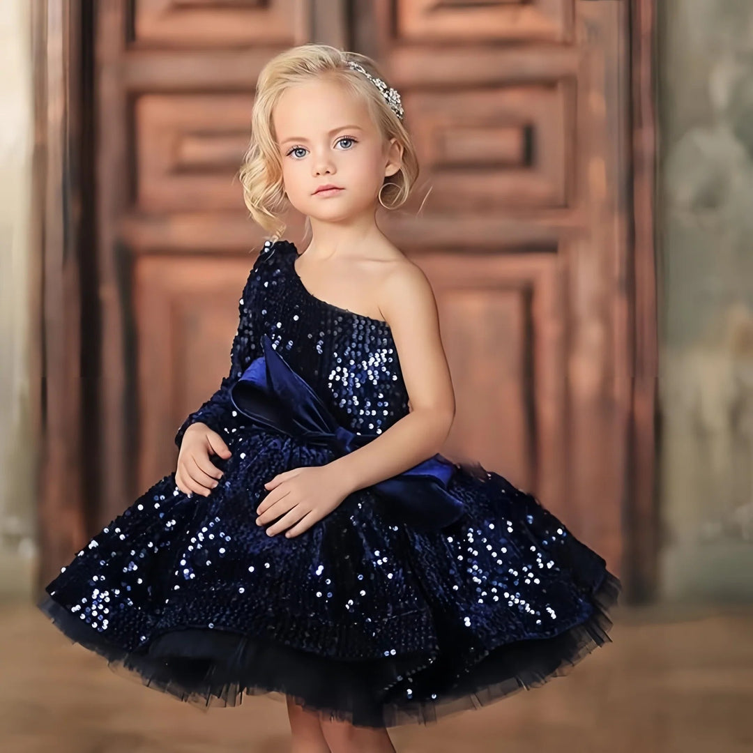 TinyTulle Sparkling Navy Blue One-Shoulder Sequin Flower Girl Dress with Statement Bow