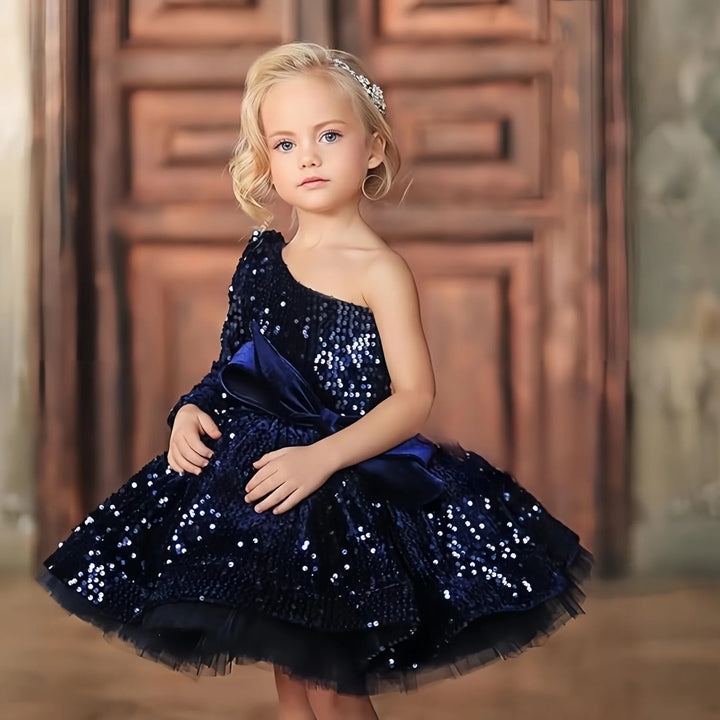 TinyTulle Sparkling Navy Blue One-Shoulder Sequin Flower Girl Dress with Statement Bow