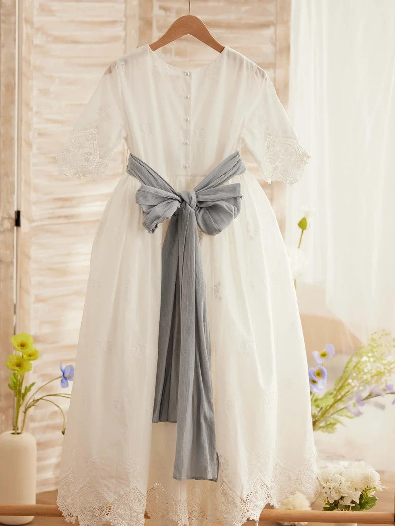 TinyTulle Ivory Lace Flower Girl Dress with Half Sleeves and Grey Sash for First Communion