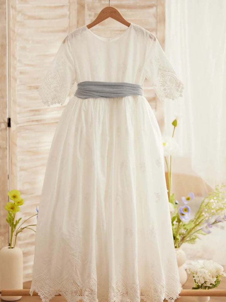 TinyTulle Ivory Lace Flower Girl Dress with Half Sleeves and Grey Sash for First Communion