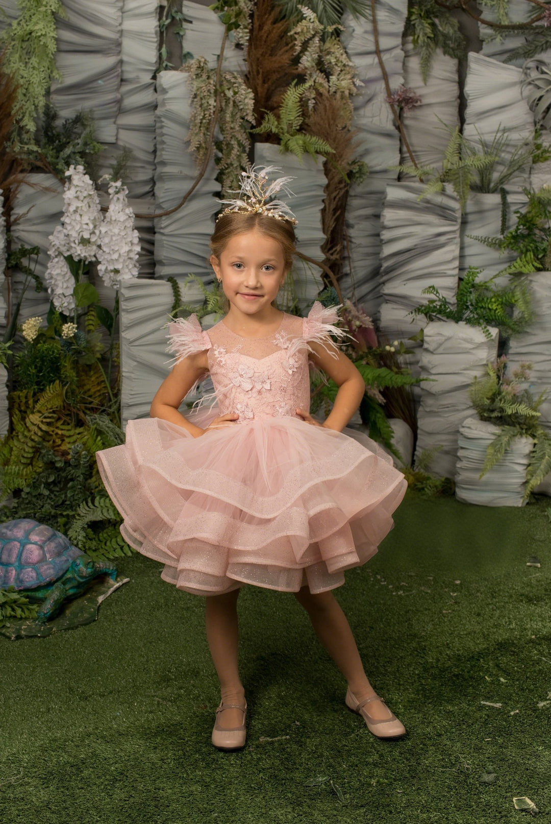 TinyTulle Blush Pink Tulle Flower Girl Dress with 3D Floral Appliqué &amp; Layered Ruffle Skirt