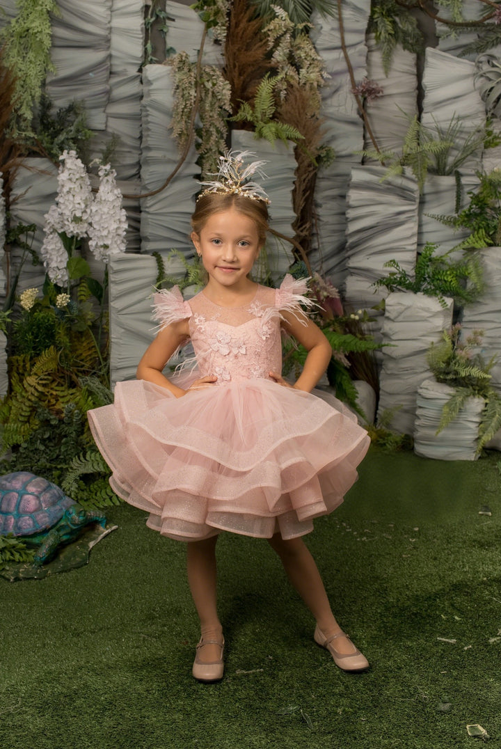 TinyTulle Blush Pink Tulle Flower Girl Dress with 3D Floral Appliqué &amp; Layered Ruffle Skirt