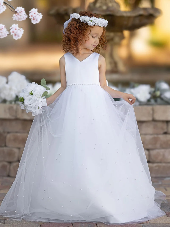 TinyTulle White Satin V-Neck Sleeveless Tulle Flower Girl Dress with Bow