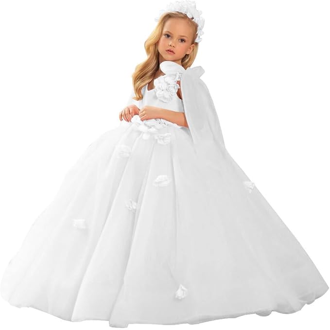 TinyTulle Pink Sleeveless Bow V-Neck 3D Floral Flower Girl Dress