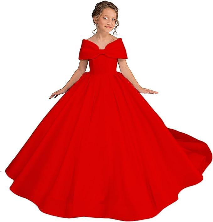 TinyTulle White Satin Off Shoulder Long Flower Girl Dress with Oversized Bow