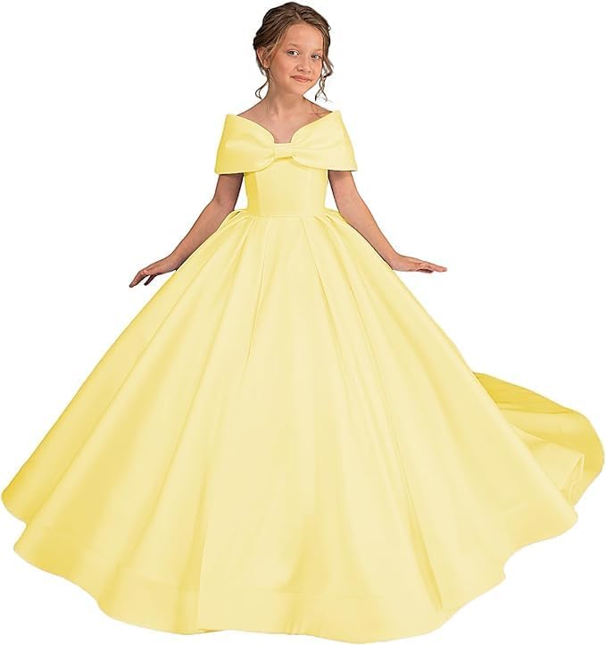 TinyTulle White Satin Off Shoulder Long Flower Girl Dress with Oversized Bow