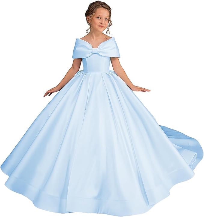 TinyTulle White Satin Off Shoulder Long Flower Girl Dress with Oversized Bow