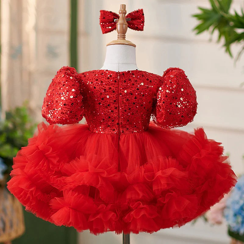 TinyTulle Puff Sleeves Sequin Tulle Ball Gown Baby Girl Dress