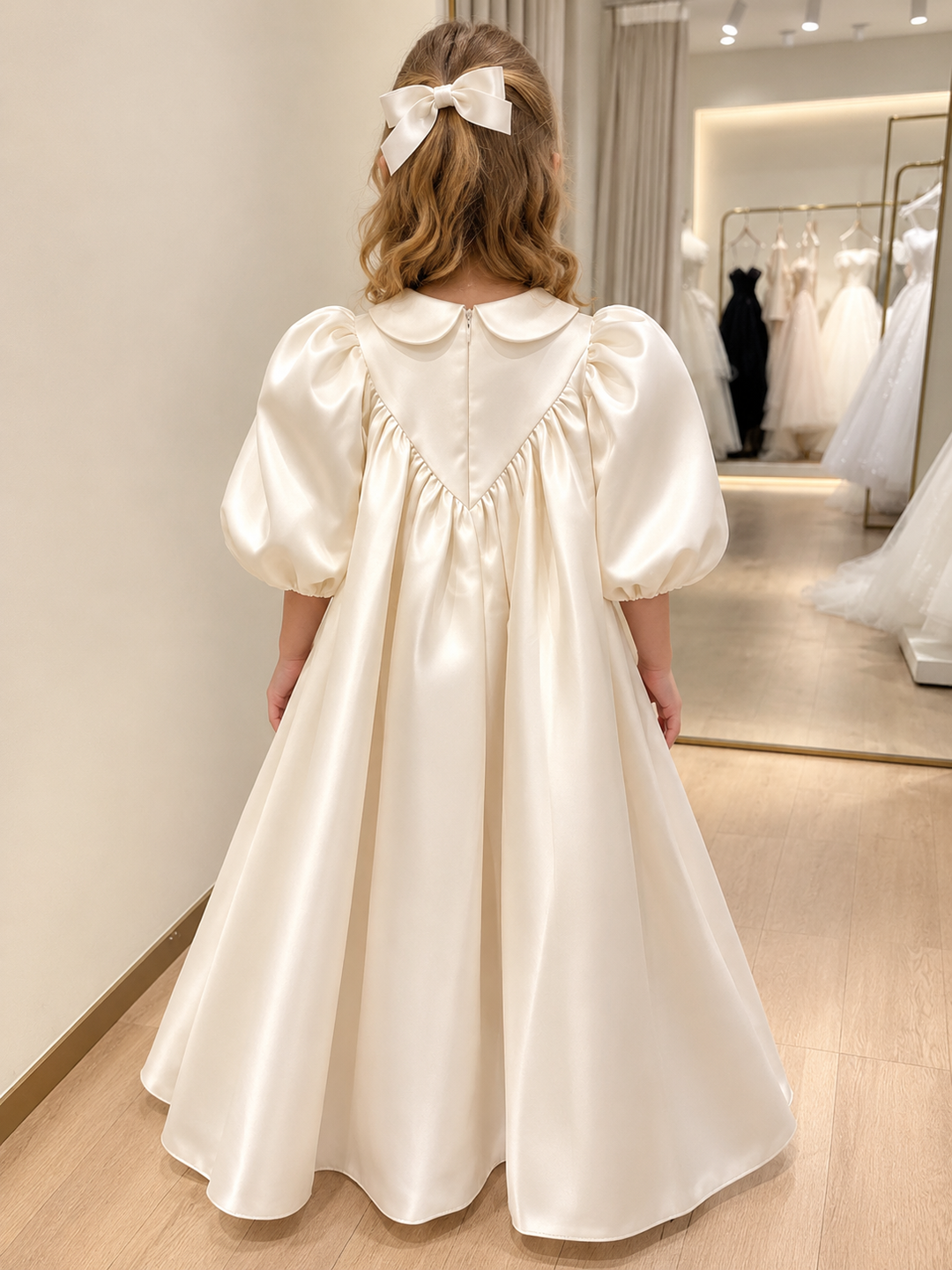 TinyTulle Elegant Ivory Satin Princess Flower Girl Dress with Puff Sleeves &amp; Peter Pan Collar