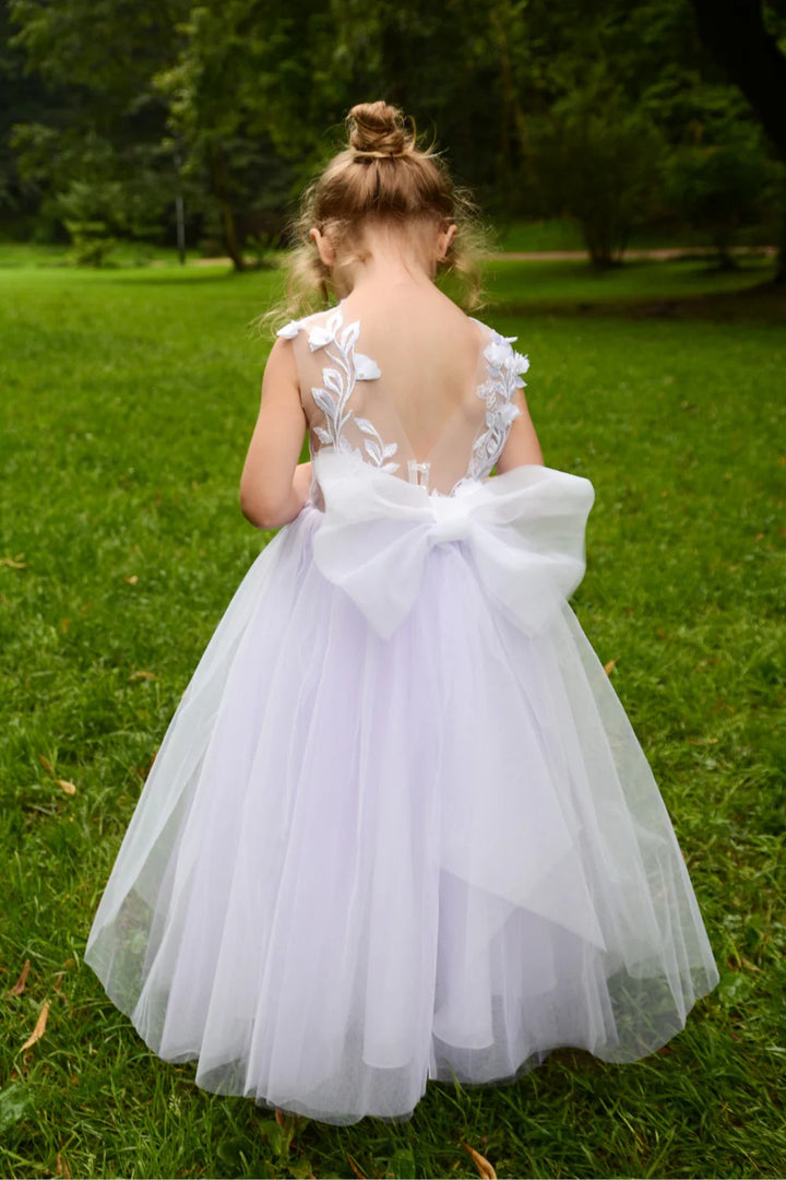 TinyTulle Elegant Light Lavender Floral Applique Tulle Flower Girl Dress for Wedding
