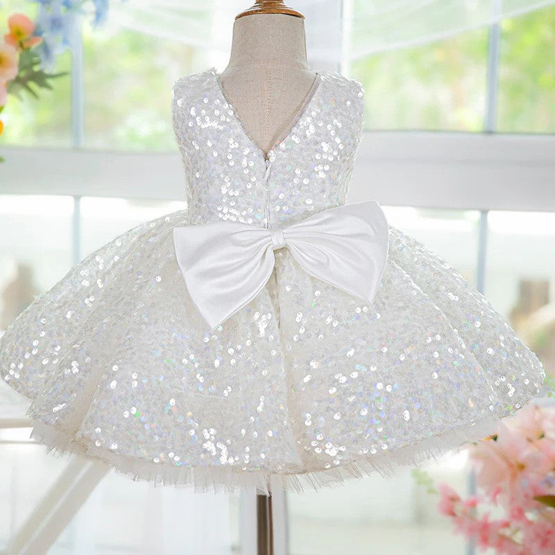 TinyTulle White Sequin Knee-Length Flower Girl Dress with Satin Bow