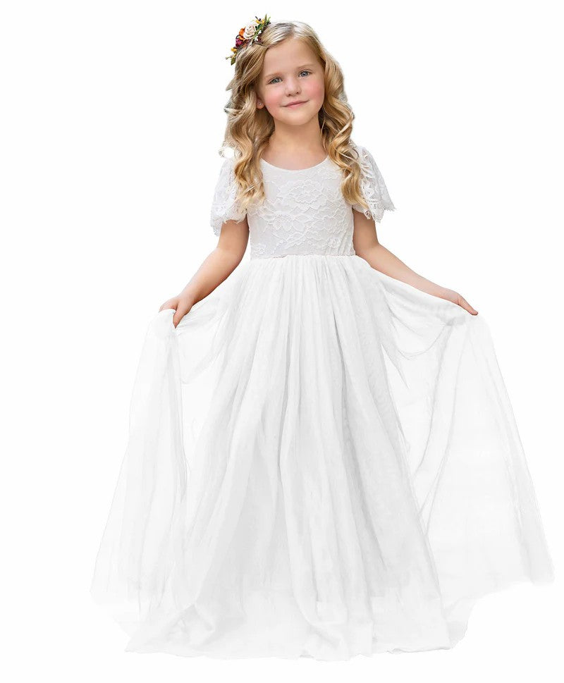 TinyTulle Elegant White Lace A-Line Long Tulle Flower Girl Dress