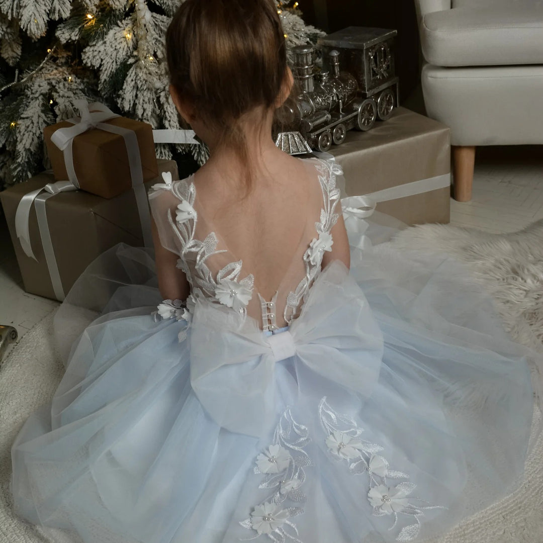 TinyTulle Elegant Floral Appliqué Tulle Knee-Length Flower Girl Dress with Bow