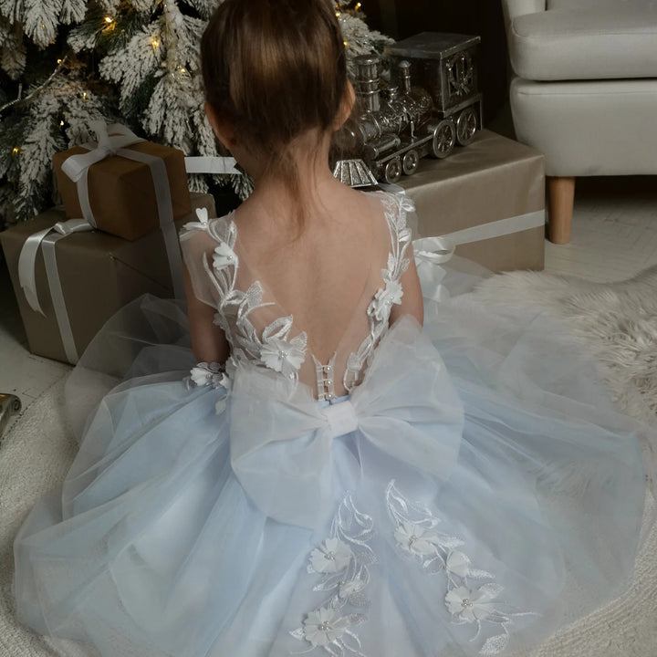 TinyTulle Elegant Floral Appliqué Tulle Knee-Length Flower Girl Dress with Bow
