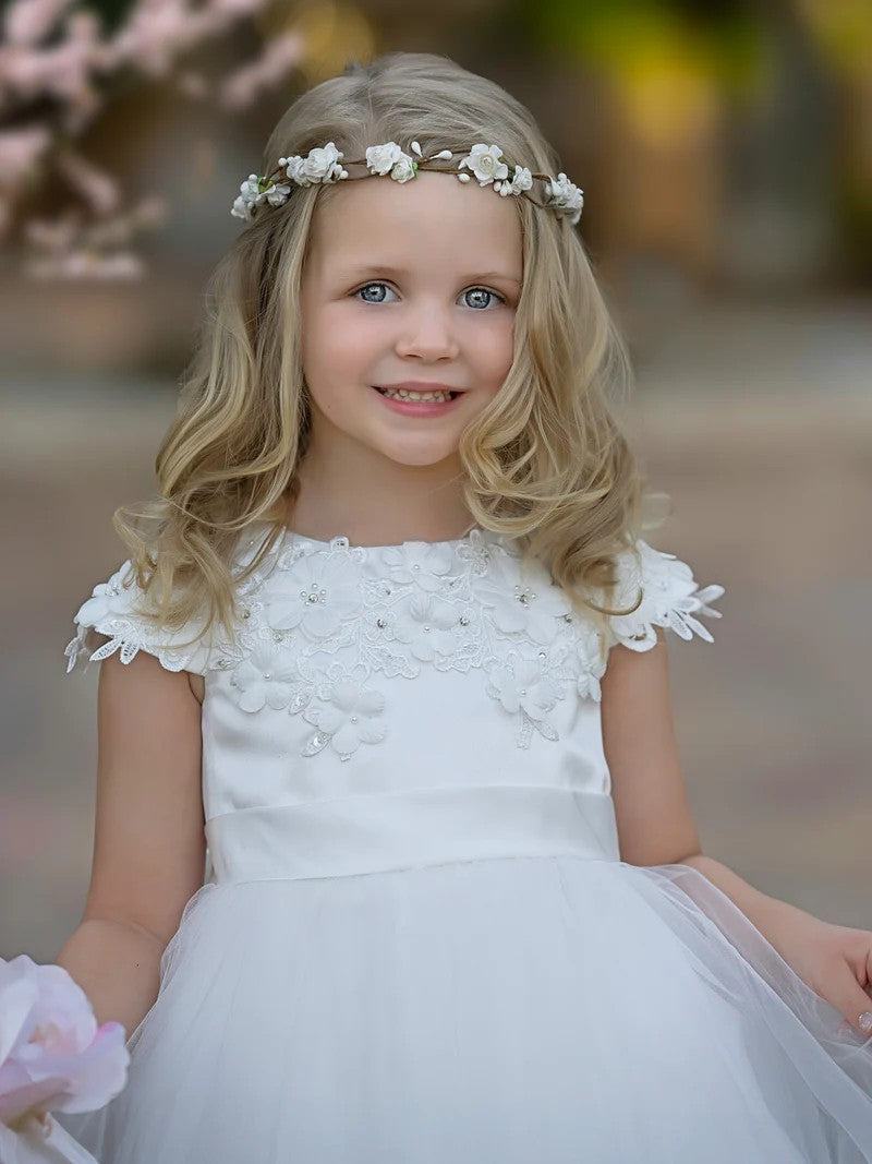 TinyTulle White Satin Tulle Tea-Length Flower Girl Dress for First Communion &amp; Wedding