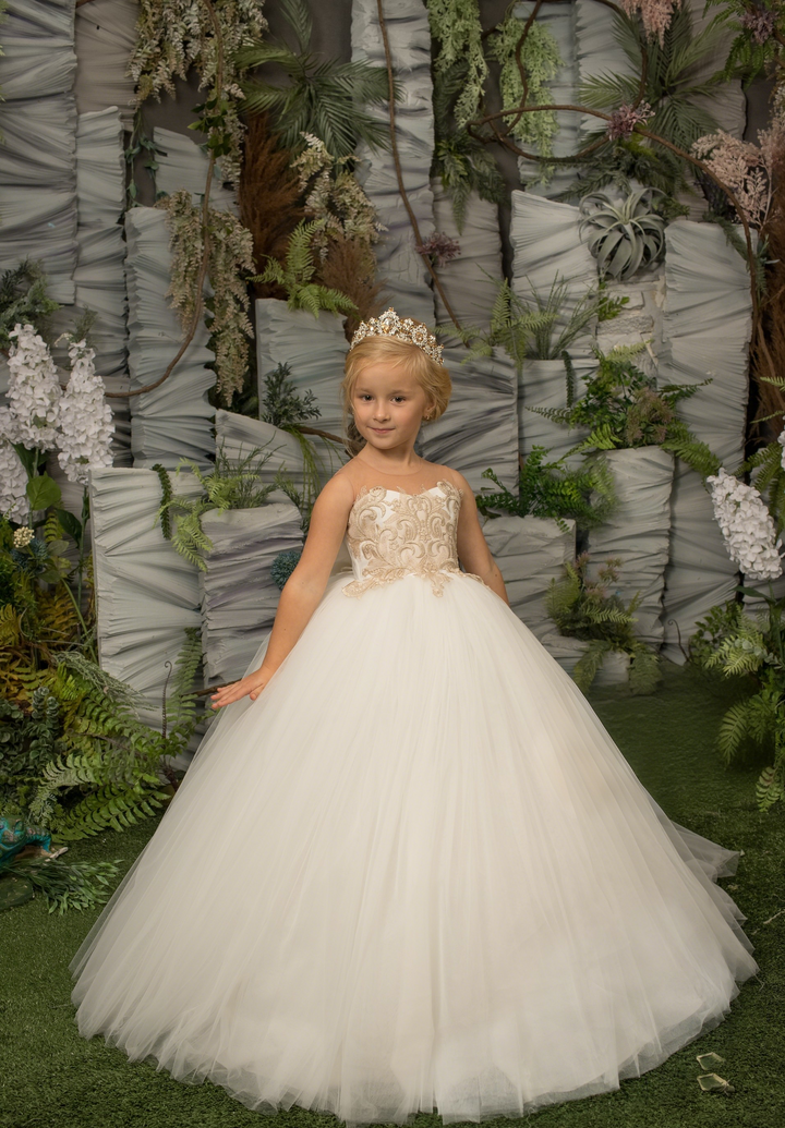 TinyTulle Ivory &amp; Gold Lace Tulle Flower Girl Dress for Special Occasions
