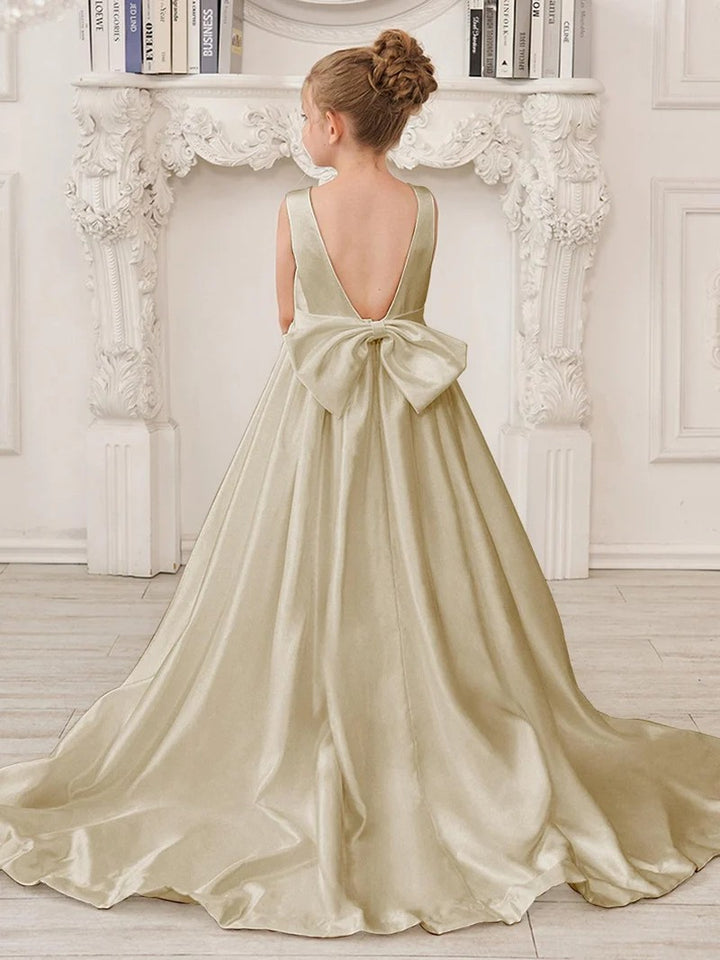 TinyTulle Elegant Ivory Satin A-Line Gown with Deep V-Back &amp; Oversized Bow