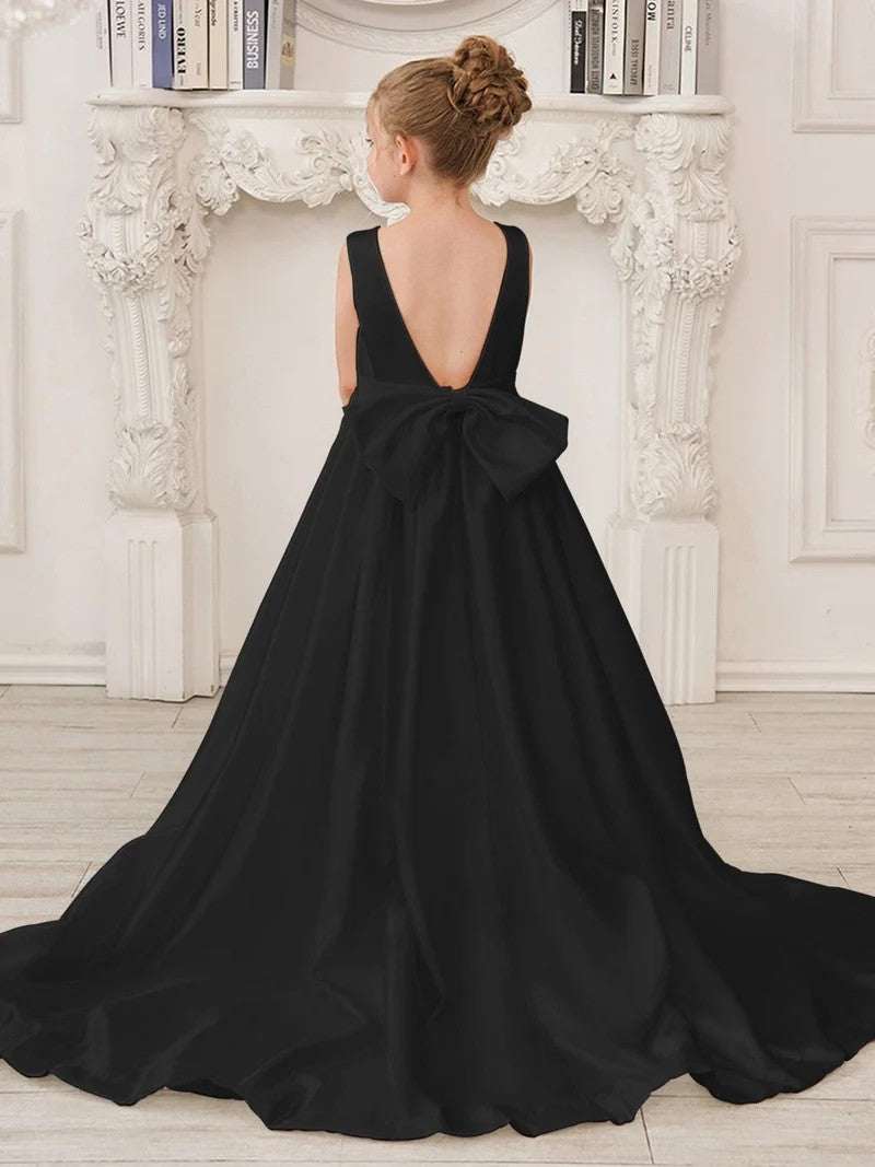 TinyTulle Elegant Ivory Satin A-Line Gown with Deep V-Back &amp; Oversized Bow