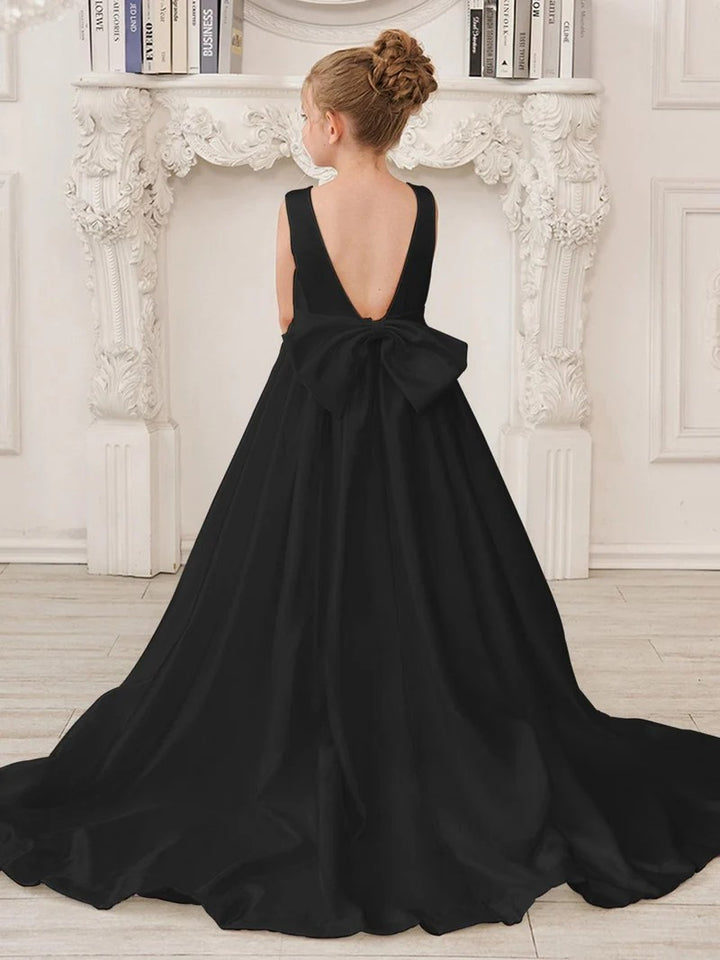 TinyTulle Elegant Ivory Satin A-Line Gown with Deep V-Back &amp; Oversized Bow