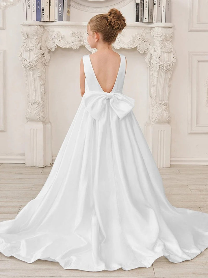 TinyTulle Elegant Ivory Satin A-Line Gown with Deep V-Back &amp; Oversized Bow