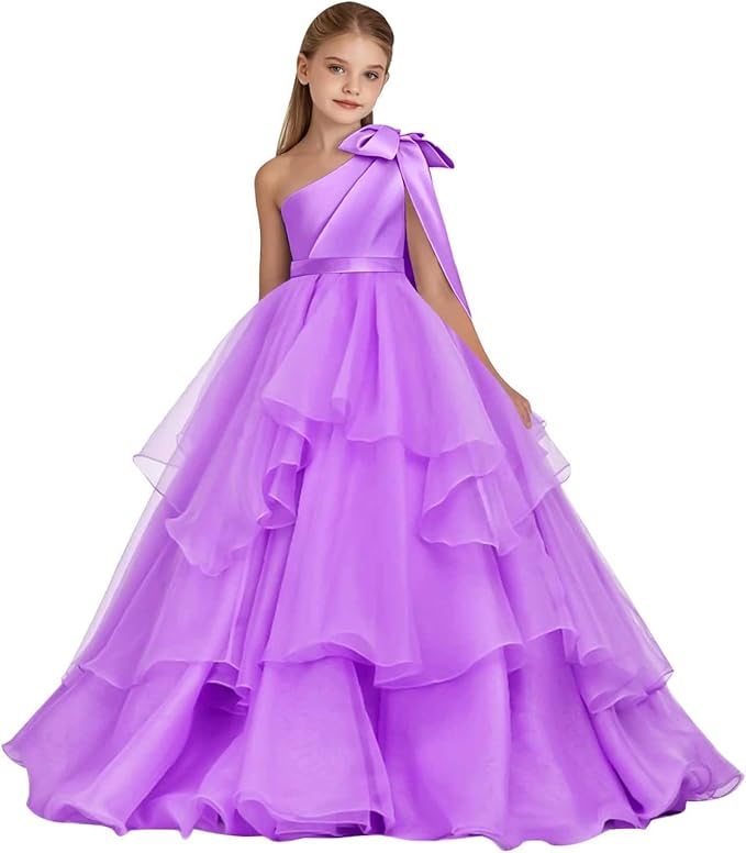 TinyTulle White One-Shoulder Tiered Tulle Flower Girl Gown for Weddings &amp; Special Occasions