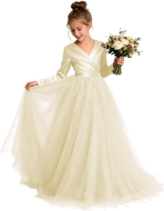 TinyTulle Elegant Long Sleeve Satin Tulle Princess Flower Girl Formal Gown