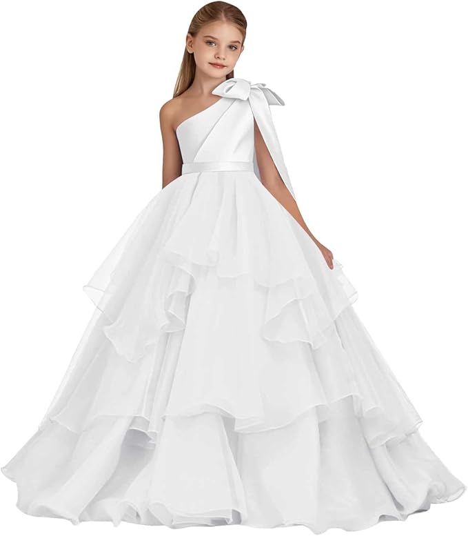 TinyTulle White One-Shoulder Tiered Tulle Flower Girl Gown for Weddings &amp; Special Occasions