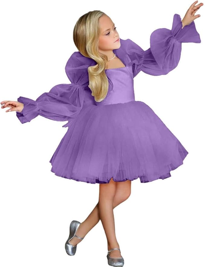TinyTulle Elegant Long Sleeve Tulle A-Line Flower Girl Dress for Special Occasions