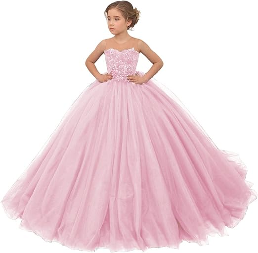 TinyTulle Burgundy Sleeveless Lace Applique Tulle Ball Gown Flower Girl Dress