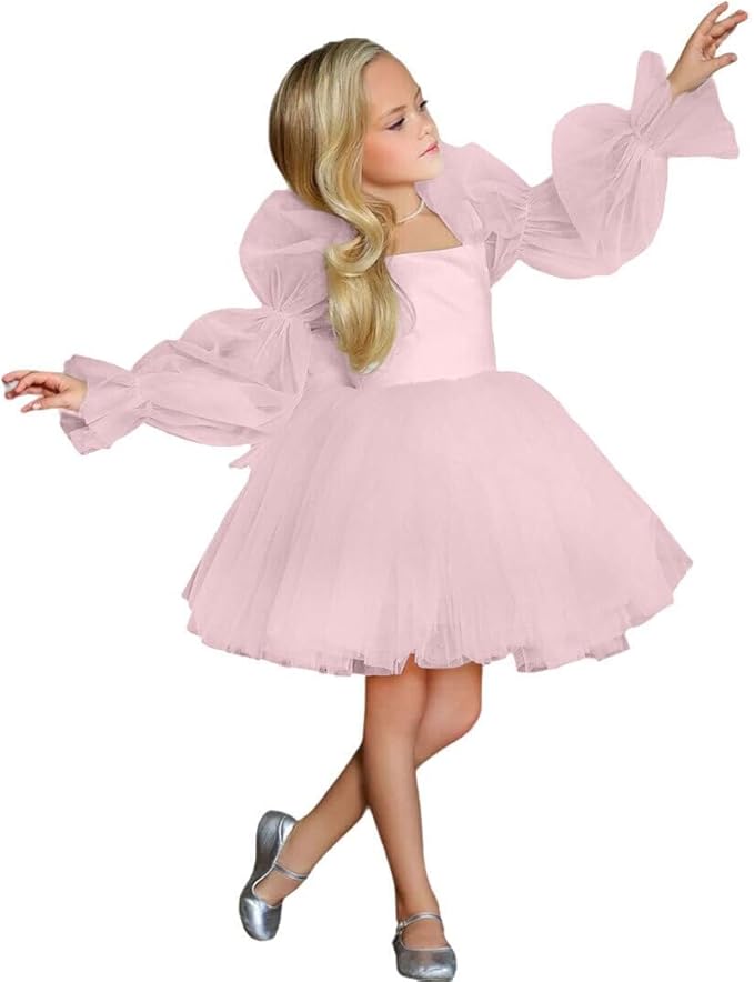 TinyTulle Elegant Long Sleeve Tulle A-Line Flower Girl Dress for Special Occasions