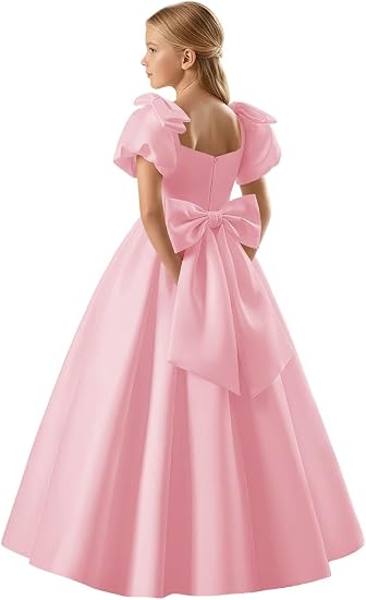 TinyTulle Satin Flower Girl Dress with Bow Shoulder and Puff Sleeves for Weddings
