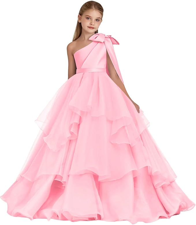 TinyTulle White One-Shoulder Tiered Tulle Flower Girl Gown for Weddings &amp; Special Occasions