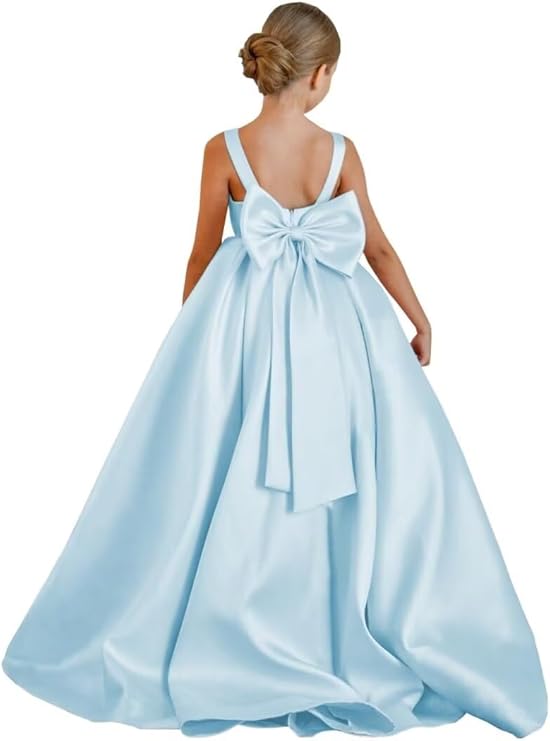 TinyTulle Elegant Satin Princess Flower Girl Dress with Sleeveless Bodice &amp; Statement Bow