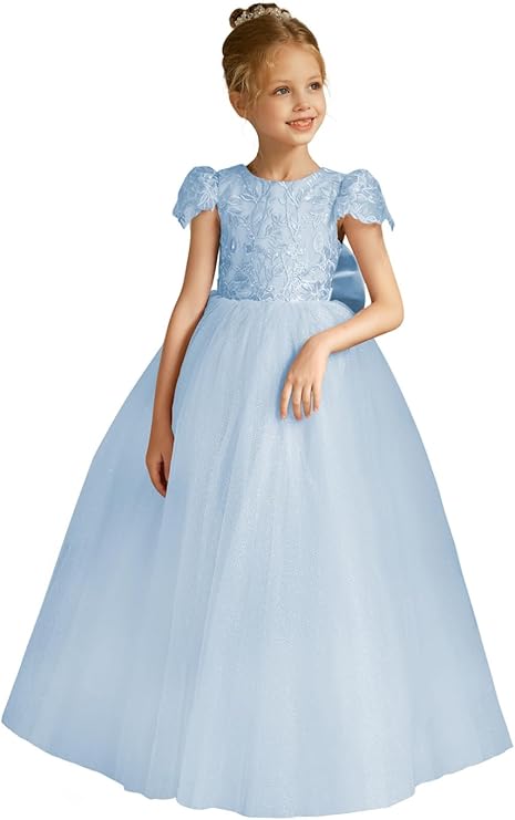 TinyTulle Elegant Lace Applique Cap Sleeve Tulle Flower Girl Dress with V-Back &amp; Bow