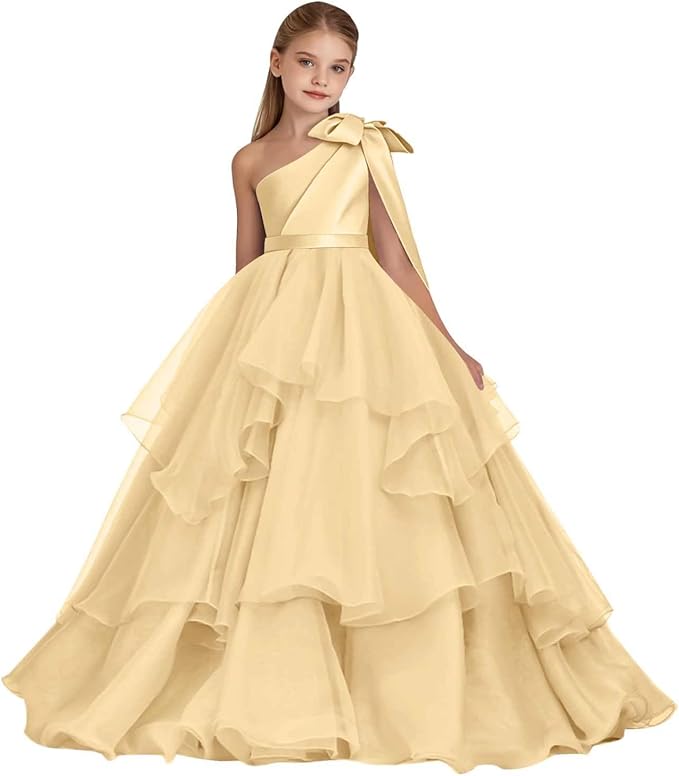 TinyTulle White One-Shoulder Tiered Tulle Flower Girl Gown for Weddings &amp; Special Occasions