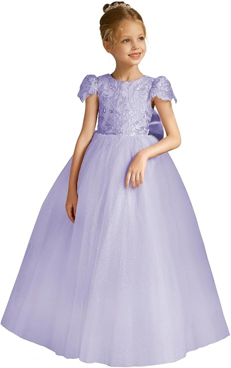 TinyTulle Elegant Lace Applique Cap Sleeve Tulle Flower Girl Dress with V-Back &amp; Bow
