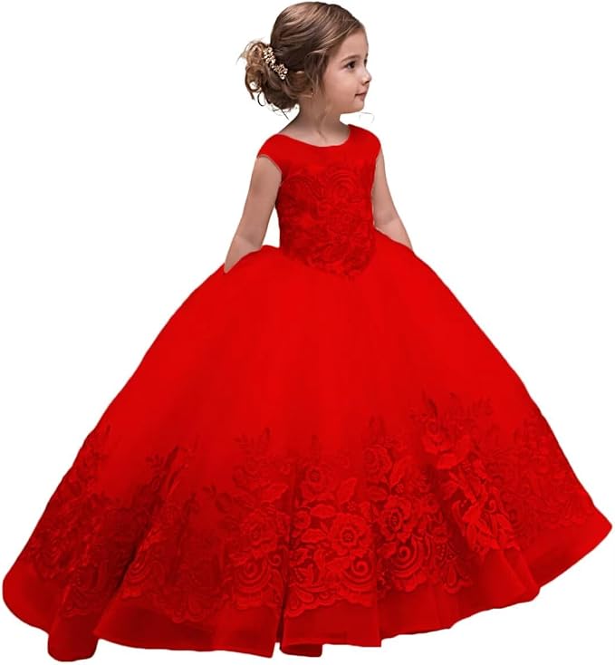 TinyTulle Elegant Champagne Floral Appliqué Tulle Flower Girl Dress with Bow
