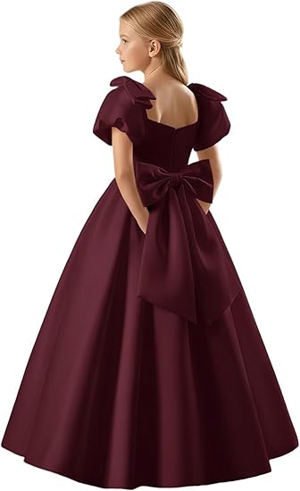 TinyTulle Satin Flower Girl Dress with Bow Shoulder and Puff Sleeves for Weddings