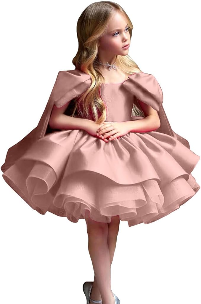 TinyTulle Elegant Princess Flower Girl Dress with Bow Shoulder Details