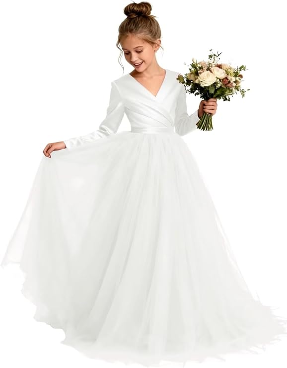 TinyTulle Elegant Long Sleeve Satin Tulle Princess Flower Girl Formal Gown