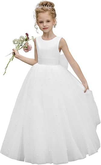 TinyTulle Elegant Sleeveless Tulle Princess Flower Girl Dress with Pearls &amp; Bow
