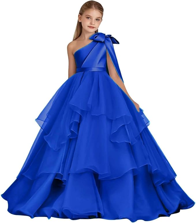 TinyTulle White One-Shoulder Tiered Tulle Flower Girl Gown for Weddings &amp; Special Occasions
