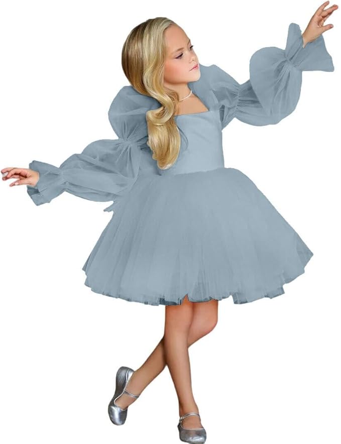 TinyTulle Elegant Long Sleeve Tulle A-Line Flower Girl Dress for Special Occasions