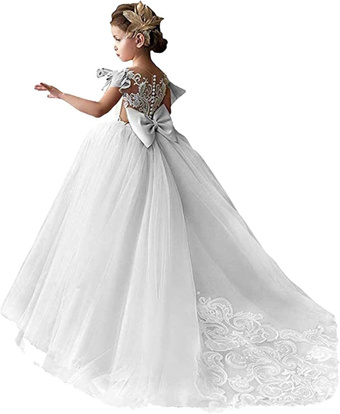 TinyTulle White Lace Tulle Cap Sleeve Ball Gown Flower Girl Dress with Satin Bow for Wedding