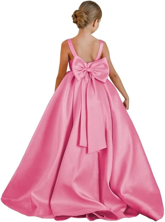 TinyTulle Elegant Satin Princess Flower Girl Dress with Sleeveless Bodice &amp; Statement Bow