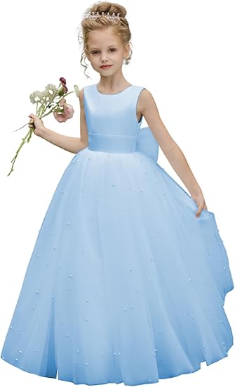 TinyTulle Elegant Sleeveless Tulle Princess Flower Girl Dress with Pearls &amp; Bow